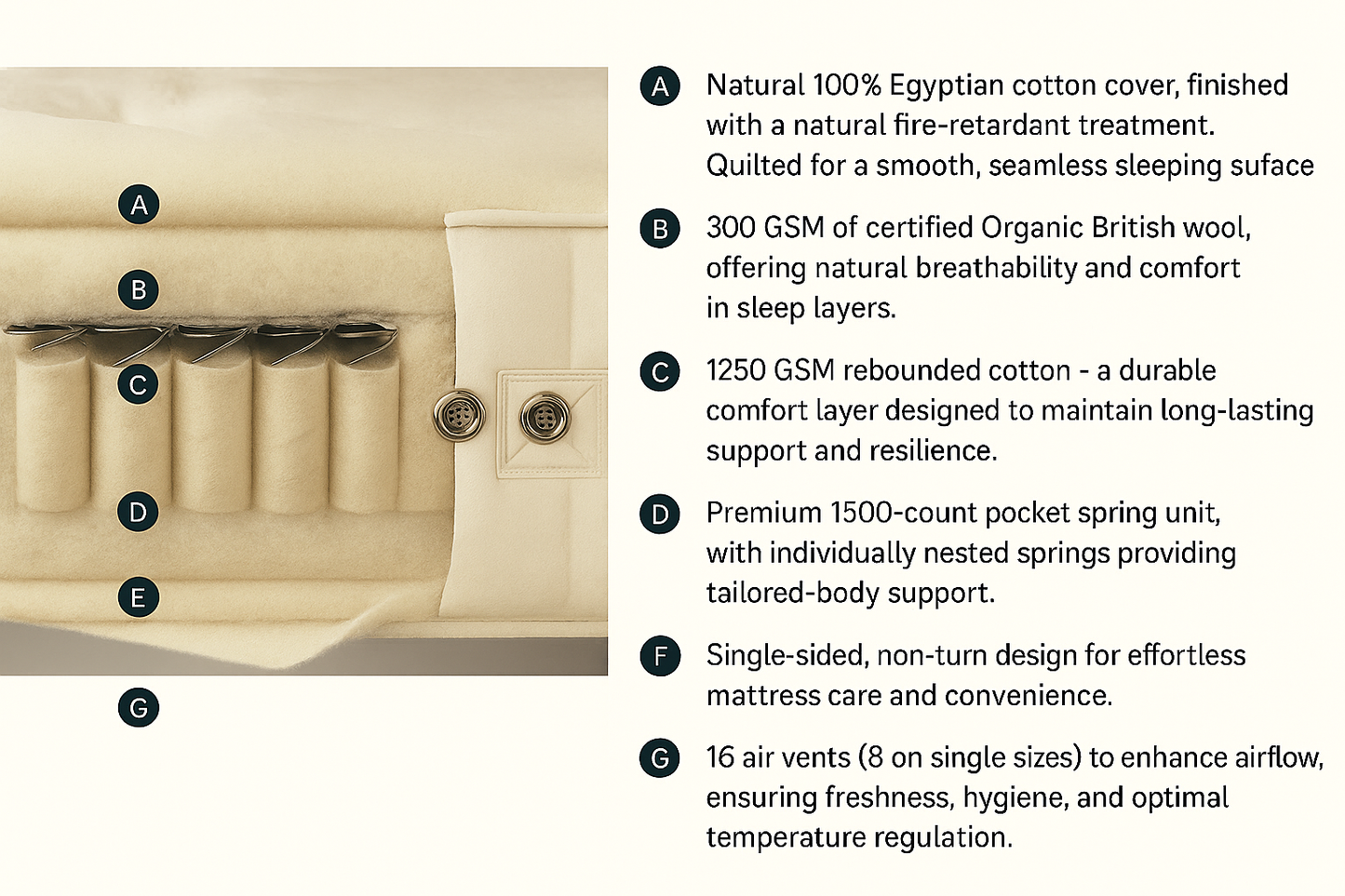 100% Organic Wool & Cotton Quilted 1500 Pocket Spring Mattress