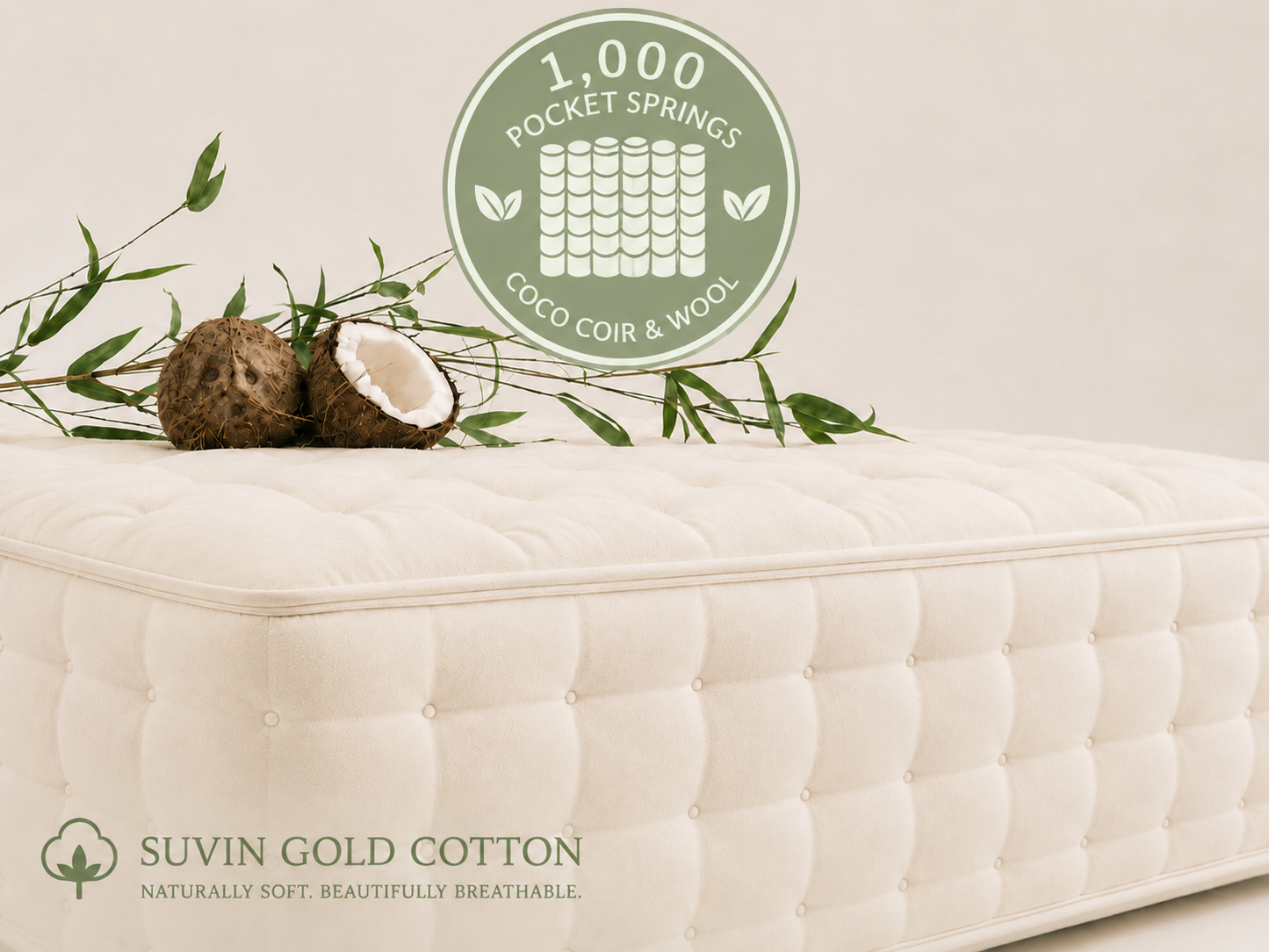 100% Organic Suvin Gold Cotton Coco Coir Wool 1000 Pocket Spring Mattress